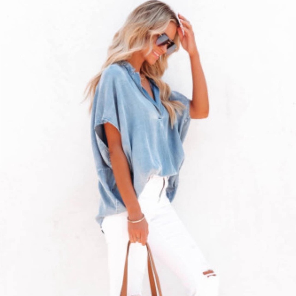 Chambray short sleeve relaxed fit top